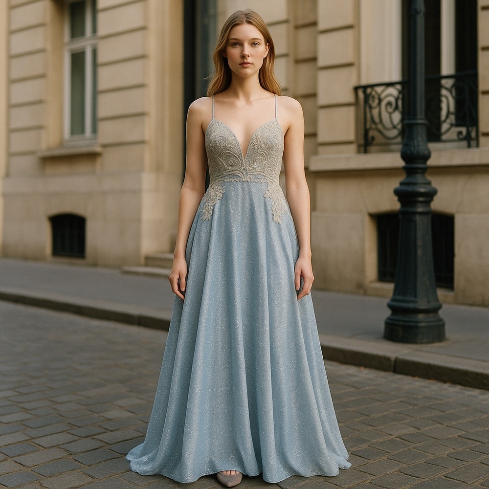 Cecilia Couture 2521 Size 6 Blue Ball gown Tie Up Back NWT